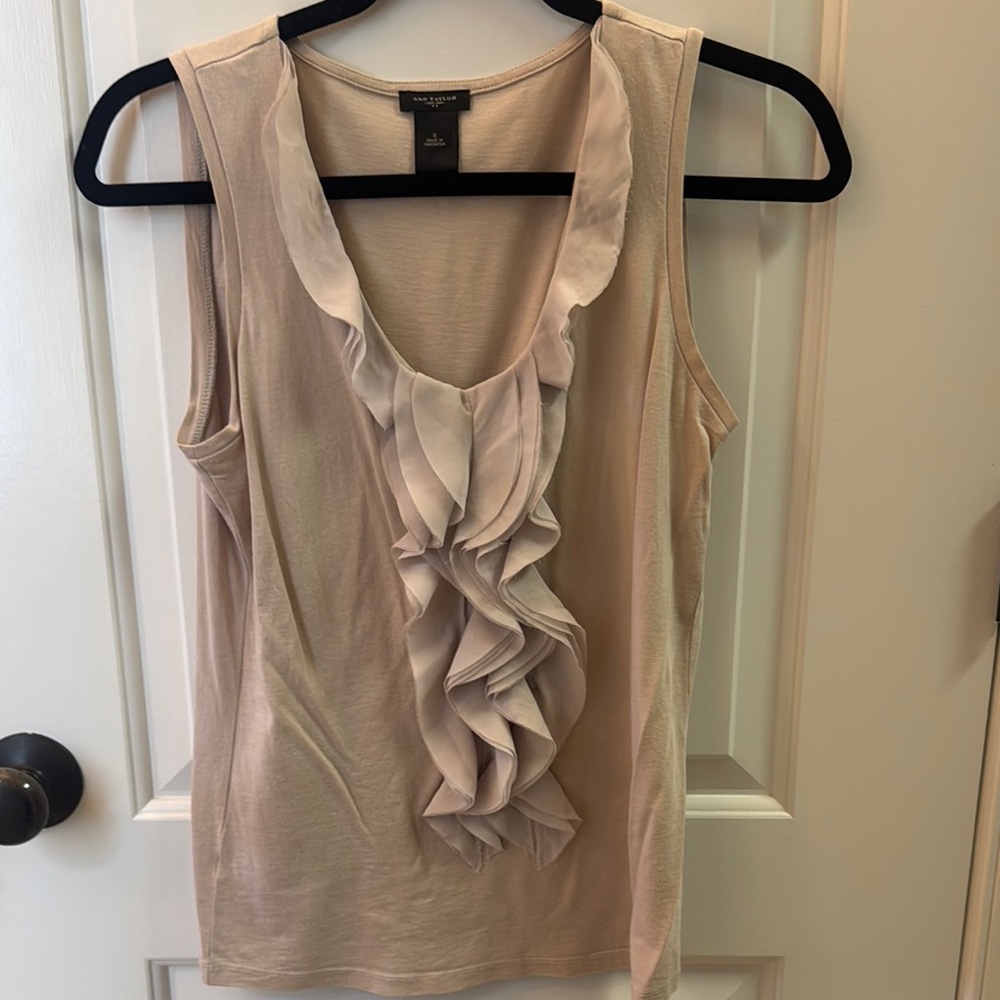 Ann Taylor Tan Sleeveless Ruffled Blouse